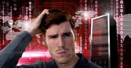 Poster - Man with computer server and technology information interface