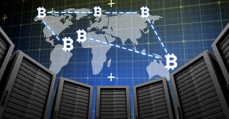 Wall Mural - Computer servers and bitcoin technology information interface