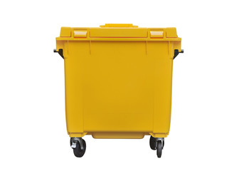 yellow plastic trash can isolated on white background