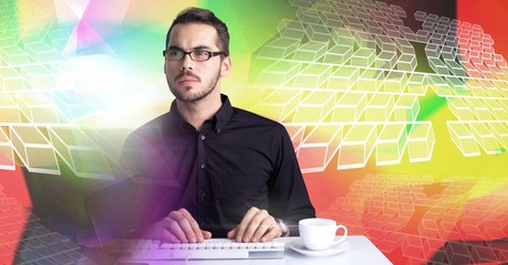 Poster - Man using computer with colorful geometric transition