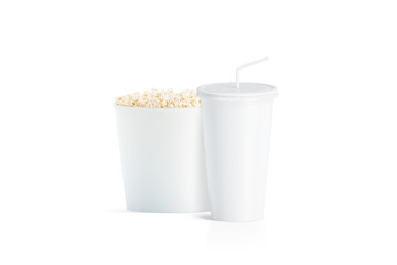 Fototapete - Blank white popcorn bucket with cup with straw mockup, isolated, 3d rendering. Empty fastfood pack and paper soda drinking mug with lid and tube mock up. Plain pail with corn and cola beverage package