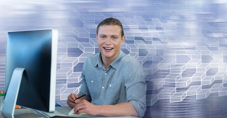 Poster - Man using computer with geometric transition