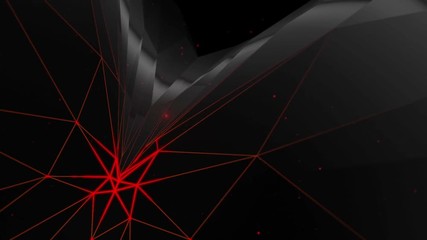 Poster - Black abstract science, engineering and technology motion background. Red lines, black surfaces and floating particles. Depth of field settings. 3D rendering.