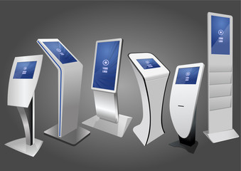 Six Promotional Interactive Information Kiosk, Advertising Display, Terminal Stand, Touch Screen Display. Mock Up Template.