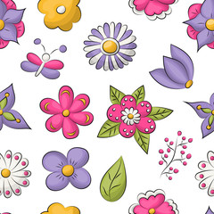 Wall Mural - Flowers concept seamless pattern. Repeat background in a floral style. Cute hand drawn design. Vector illustration.