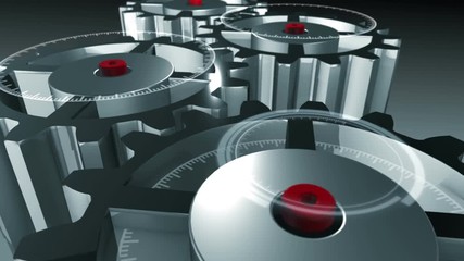 Poster - 3D metallic gear cogwheels and HUD elements rotating. Technological intro. Futuristic industry, science and technology opener with infographic animation. Depth of field settings. 3D rendering.