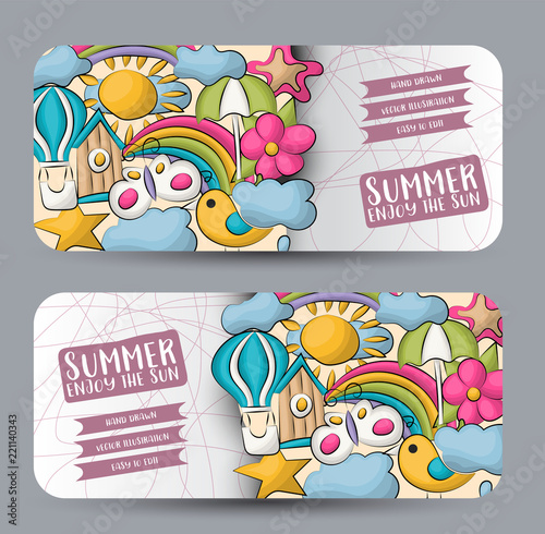 Summer Season Horizontal Banner Set On Isolated Background Header Design For Sale Offer Discount Coupon Line Art Vector Illustration Buy This Stock Vector And Explore Similar Vectors At Adobe Stock