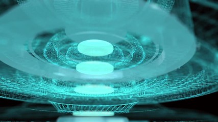 Poster - Wireframe structure and translucent parts rotating against black background. Abstract technology, science and engineering motion background. Depth of field settings. 3D rendering.