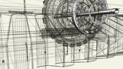 Poster - Wireframe and metallic engine parts rotating. Abstract technology, science and engineering motion background. Depth of field settings. 3D rendering.