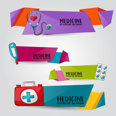 Medicine and healthcare horizontal banner set. Cute header for invitation, advertisement, web page. Hand drawn cartoon style medical clinic design concept. Vector illustration.