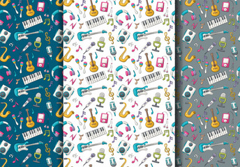 Wall Mural - Music art seamless pattern set. Colorful childish decor repeat background. Hand drawn doodle cartoon style modern musical trends design concept. Vector illustration.