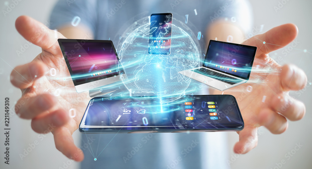 Modern devices connected in businessman hand 3D rendering - obrazy, fototapety, plakaty 