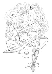 Wall Mural - Black and white page for coloring. Fantasy drawing of beautiful girl with fashionable hat. Worksheet for children and adults. Vector image.