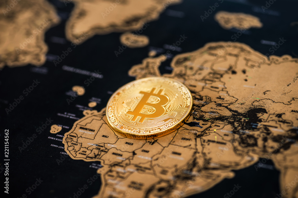 Digital currency concept - Crypto currency bitcoin on map of Europe
