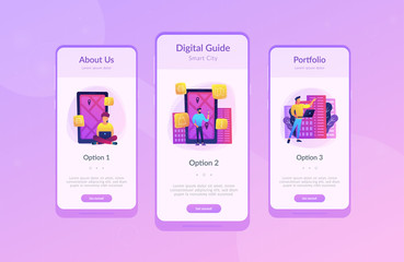 Mobile app ui design. Man near screen with city map and gps tags on the screen getting city information. Mobile center, IoT, smart city concept. Vector concept illustration on ultraviolet background.