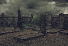 Old Jewish Cemetery In The Rain. The Gloomy November Night, The Horror Atmosphere
