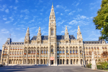 VIENNA / AUSTRIA - October 19, 2013: Picturesque view of Gothic building of Vienna City Hall. Wiener Rathaus