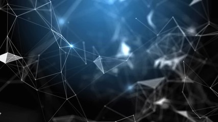 Poster - Slowly traveling through a plexus structure with flickering lights. Abstract science, engineering and technology motion background. Depth of field settings. 3D rendering.