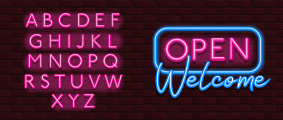 Neon Banner alphabet font bricks wall open welcome