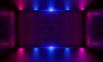 Leinwandbilder - Background of an empty room at night with smoke and neon light. Dark abstract background. Background of an empty show scene