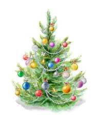 Watercolor illustration: Christmas tree decorated with balls on a white background. Template for the design of posters, cards, invitations