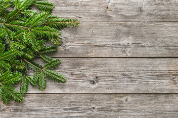 Wall Mural - Christmas fir tree branches on wooden background, copy space