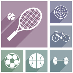 Poster - Flat design pastel sport vector icons in eps 10, tennis, darts, football, basketball, cycling, bodybuilding symbols.