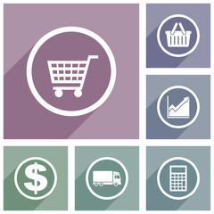 Leinwandbilder - Web and internet business and shopping vector icons, trolley, basket, diagram, calculator, truck, dollar symbol flat design banners in eps 10.