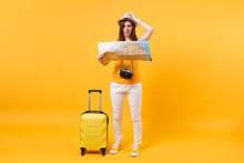 Traveler Tourist Woman In Summer Casual Clothes, Hat With Suitcase, City Map Isolated On Yellow Orange Background. Passenger Traveling Abroad To Travel On Weekends Getaway. Air Flight Journey Concept.