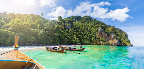 Wall Mural - traditional long tail boat on famous monkey beach, phi phi islands, thailand