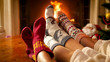 Leinwandbild Motiv Closeup image of parents and childs feet in warm woolen socks lying next to burning fireplace