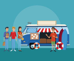 Poster - Retro van shop with customers cartoons vector illustration graphic design