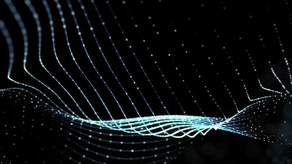 Poster - Seamless loop: Blue elegant dynamic abstract lines and particles in motion. Computer, technology, engineering, business theme. Abstract stylish wave animation. Depth of field settings. 3D rendering.