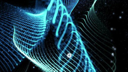 Poster - Seamless loop: Blue elegant dynamic abstract lines and particles in motion. Computer, technology, engineering, business theme. Abstract stylish wave animation. Depth of field settings. 3D rendering.