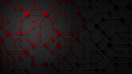 Abstract illustration of red connecting lines and dots with shadows on black background
