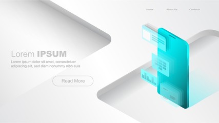 Concepts mobile usage, personal data. Header for website with smartphone and modules concept on white and green background. Design for Landing Page. 3d isometric flat design. Vector illustration.