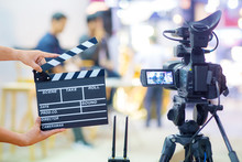Man Hands Holding Movie Clapper.Film Director Concept.camera Show Viewfinder Image Catch Motion In Interview Or Broadcast Wedding Ceremony, Catch Feeling, Stopped Motion In Best Memorial Day Concept.