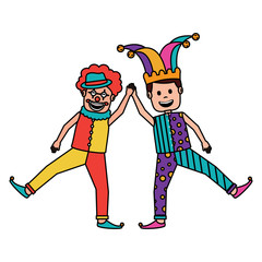 Poster - funny happy clown and man with jester clothes hat characters