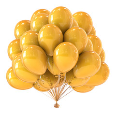 colorful yellow party balloon bunch shiny decoration. birthday helium balloons group. festival, carnival, holiday event, anniversary celebration symbol. 3d illustration