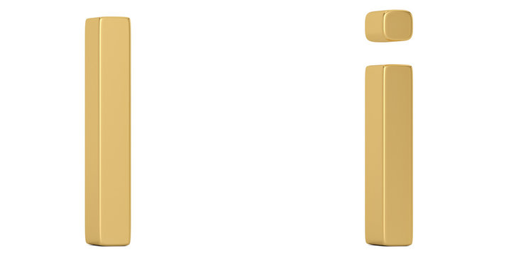 Gold metal i alphabet isolated on white background 3D illustration.