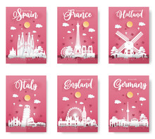 Set Of Travel Postcard And Poster Of World Famous Landmark, Spain, Italy, England, France, Holland And Germany, In Paper Origami Style, Love Concept. Vector Illustration.