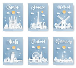 Fototapete - Set of travel postcard and poster of world famous landmark, Spain, Italy, England, France, Holland and Germany, in paper origami style with blue background. Vector illustration.
