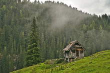 Traditional Wooden Shepherd Huts On High Alpine Meadow In Slovenian Part Of Julian Alps