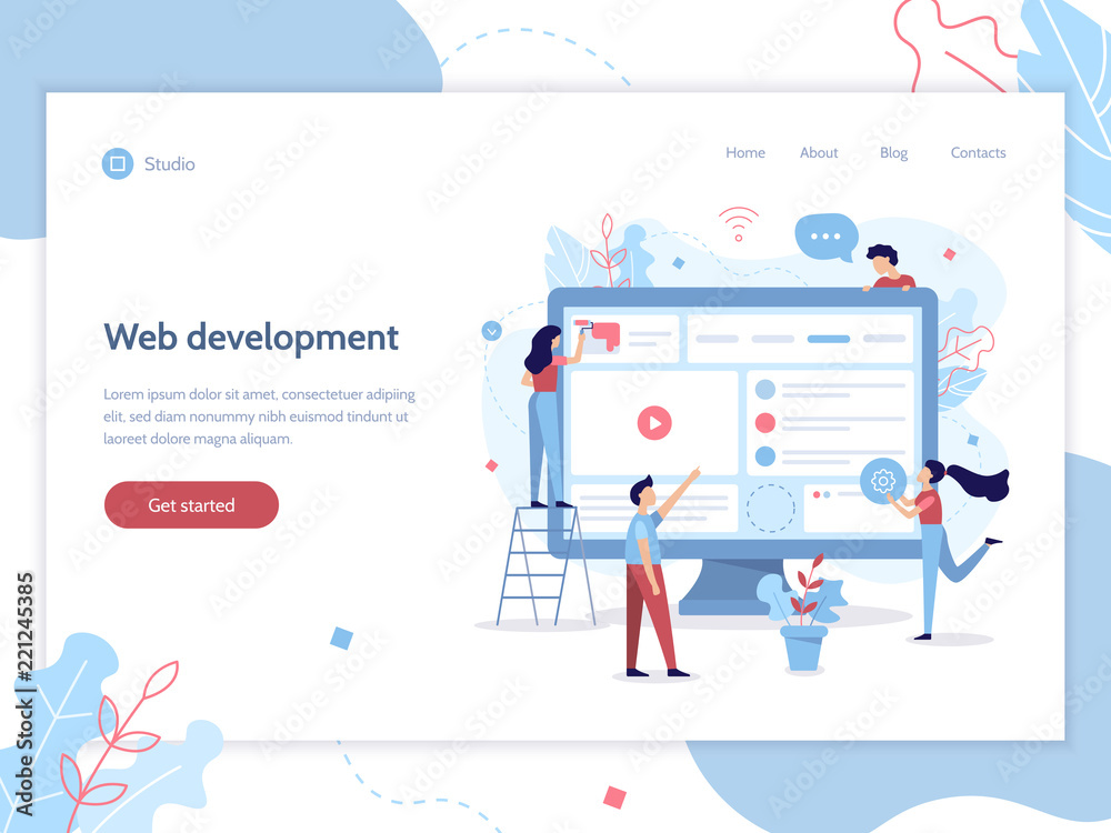 Web banner design template. The team of web developers design website. Teamwork project. Website development. Easy to edit and customize. Flat vector illustration. - obrazy, fototapety, plakaty 