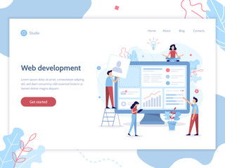 Fototapete - Web banner design template. Website development. The team of web developers constructs a personal user account or admin panel for the web site. Flat vector illustration.