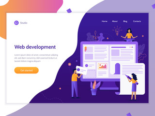 A team of web developers designs a news portal or information website. Teamwork project. Web banner design template. Website development. Flat vector illustration.