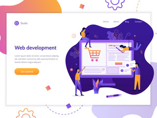 Fototapete - Web banner design template. A team of web developers design an online store. E-commerce project. Website development. Flat vector illustration.