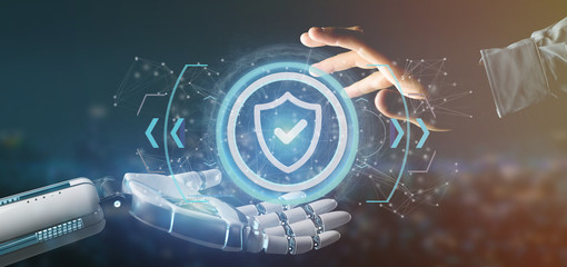 Poster - Cyborg hand holding a Technology security icon on a circle 3d rendering