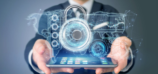 Poster - Man holding a padlock security technology interface 3d rendering