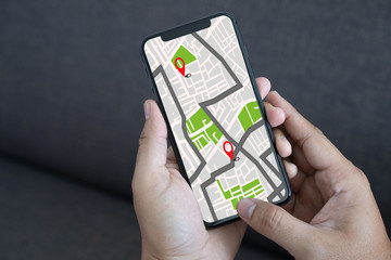 Poster - gps map to route destination network connection location street map with gps icons navigation
